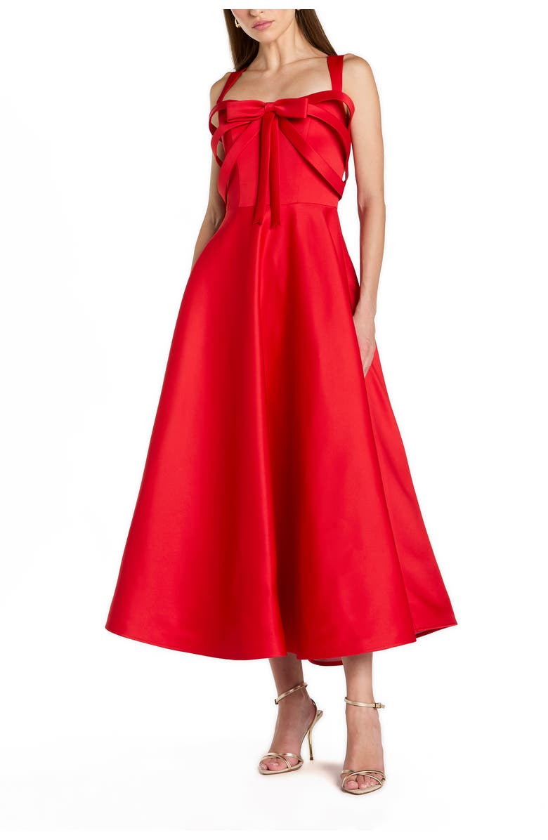 Mac Duggal Satin Sleeveless A Line Ankle Dress With Bow, Main, color, Red