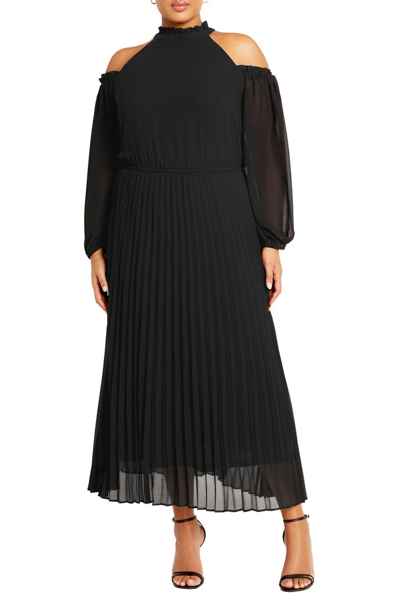 Promise Ruffle Pleated Long Sleeve Maxi Dress, Main, color, BLACK