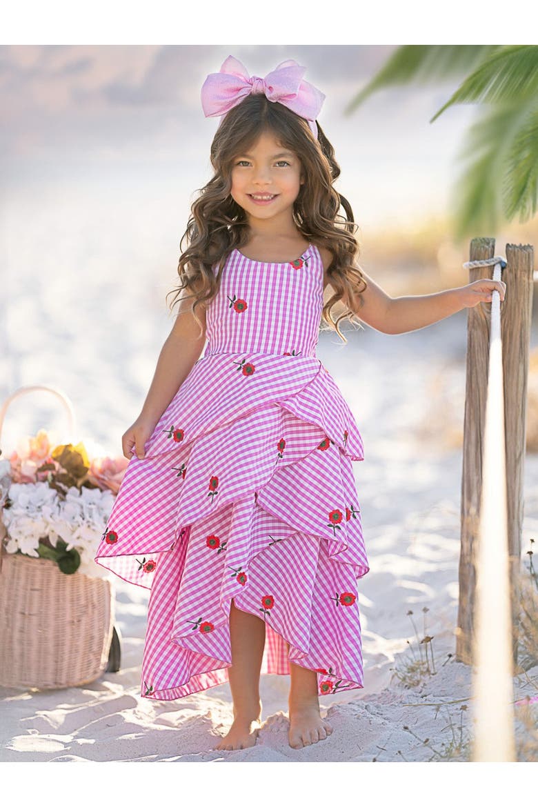 Girls Seaside Bloom Gingham Embroidered Floral Ruffle Dress, Alternate, color, Pink
