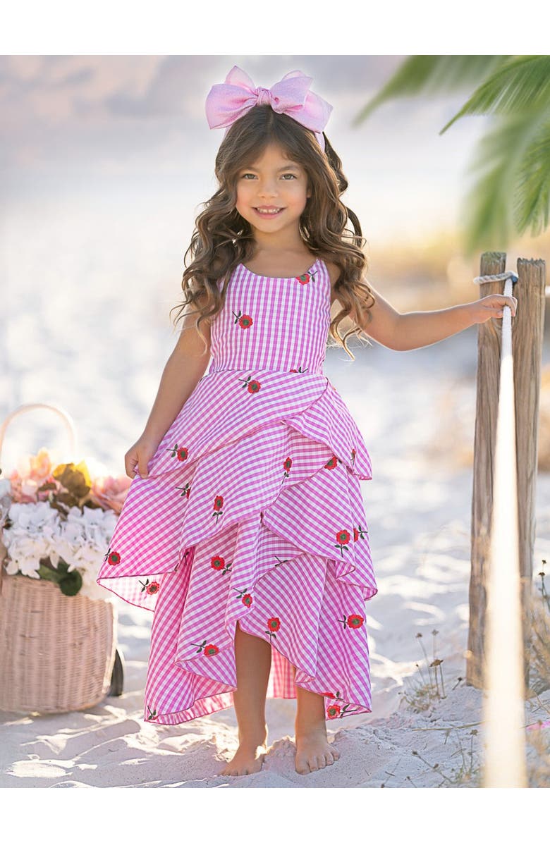 Mia Belle Girls Girls Seaside Bloom Gingham Embroidered Floral Ruffle Dress, Alternate, color, Pink