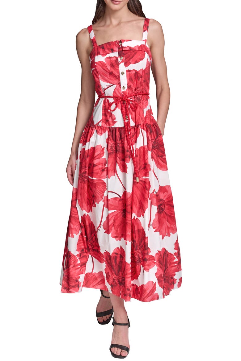 Floral Print Sleeveless Dress, Main, color, TOMATO MULTI