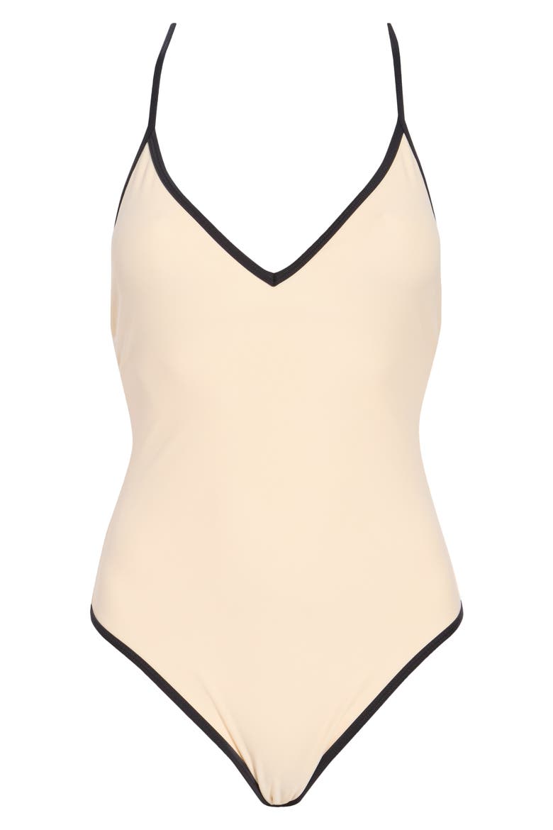 Contrast V-Neck One-Piece Swimsuit, Main, color, ECRU/ BLACK