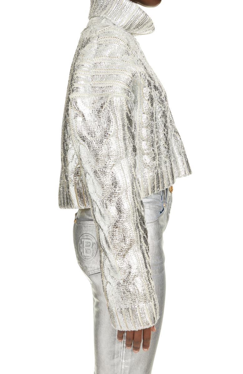 Balmain Metallic Cable Knit Crop Virgin Wool Blend Turtleneck Sweater, Alternate, color, 
