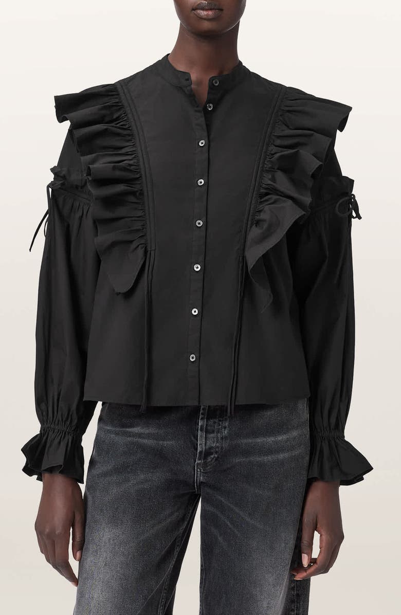 AllSaints Lulu Ruffle Ruched Cotton Button-Up Shirt, Main, color, Black