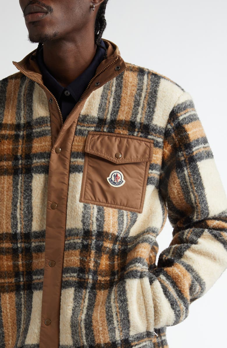 Moncler Plaid High Pile Fleece Snap-Up Jacket, Alternate, color, 