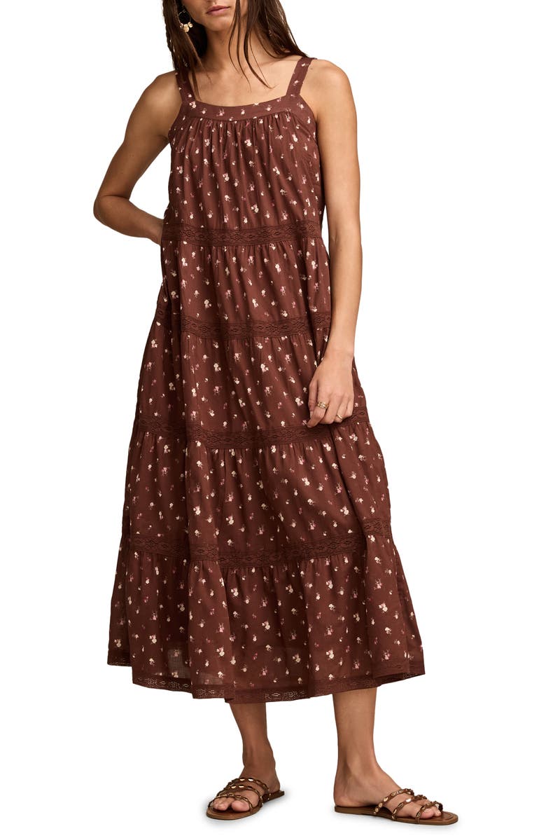 Lucky Brand Market Day Sleeveless Tiered Maxi Dress, Main, color, Chocolate Multi