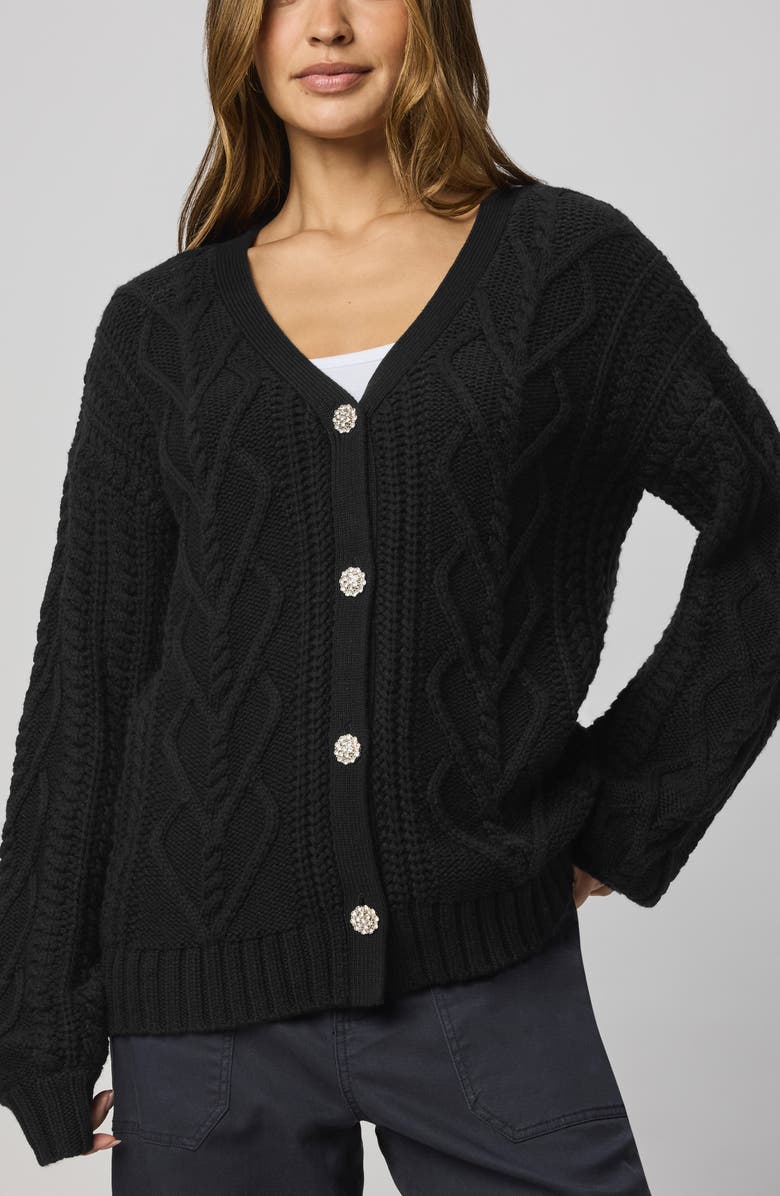 Splendid Harlow Hearts Rhinestone Cable Stitch Cardigan, Main, color, Black