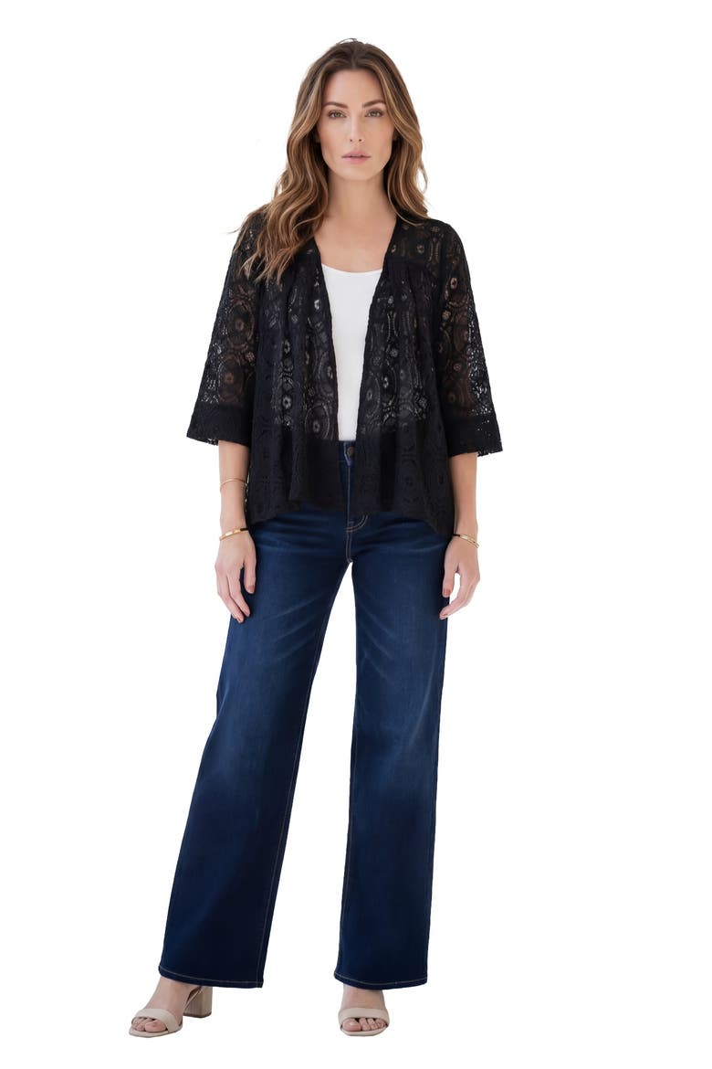 Plus Size Lace Three Quarter Sleeve Swing Jacket, Main, color, BLACK