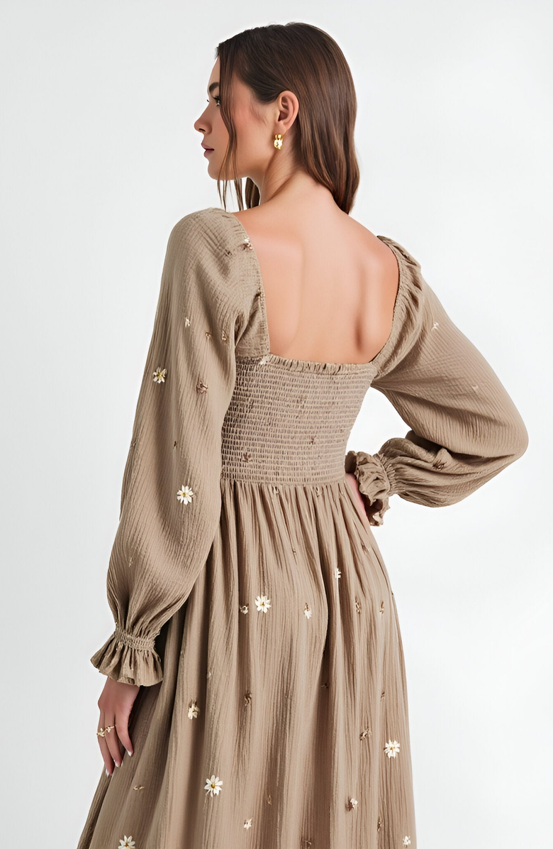 Modenaire Floral-Embroidered Smocked Tiered Open-Back Maxi Dress, Alternate, color,