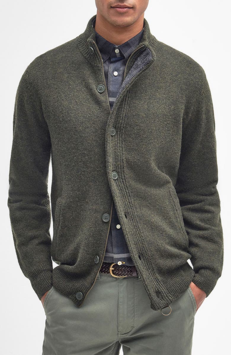 Barbour Elbow Patch Wool Cardigan, Main, color, Seaweed