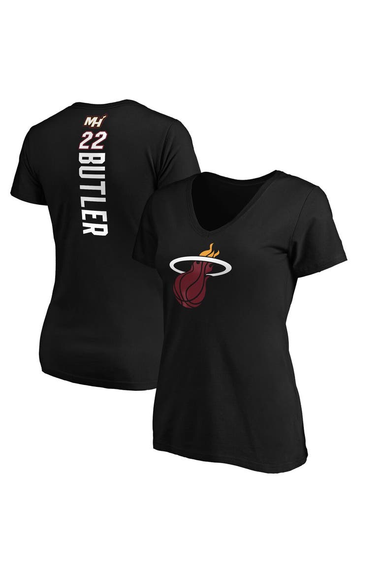 Women's Fanatics Branded Jimmy Butler Black Miami Heat Playmaker Logo Name & Number V-Neck T-Shirt, Alternate, color, Black