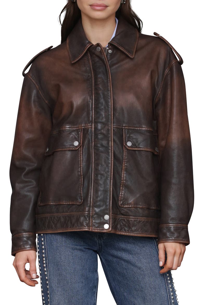 Pieced Back Leather Bomber Jacket, Alternate, color, BURNISHED BROWN