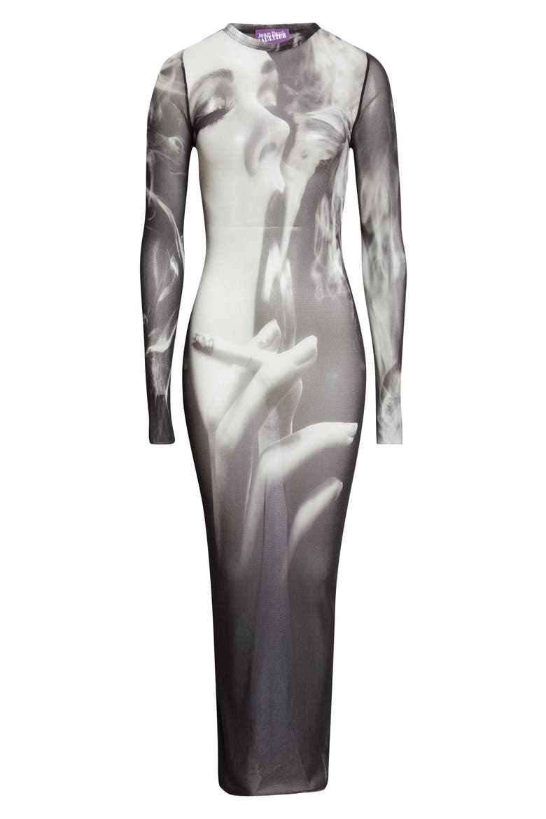 Smoking Graphic Long Sleeve Mesh Body-Con Dress, Main, color, BLACK/ GREY/ WHITE