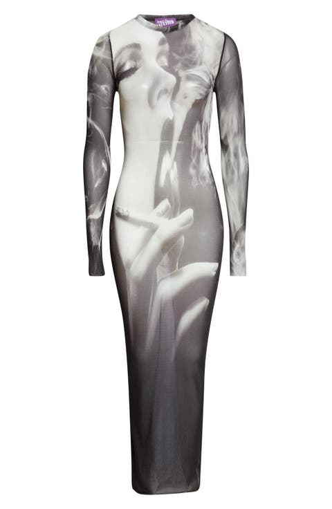 Smoking Graphic Long Sleeve Mesh Body-Con Dress