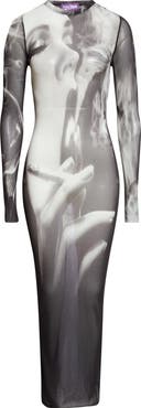 Jean Paul Gaultier Smoking Graphic Long Sleeve Mesh Body-Con Dress