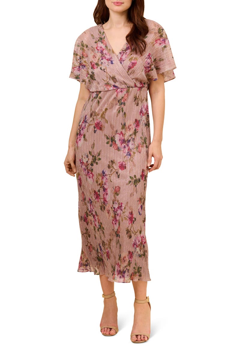Floral Metallic Crinkle Midi Dress, Main, color, ROSE MULTI