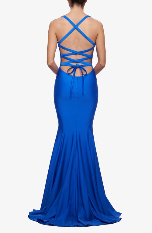 La Femme Form Fitting Prom Dress With Dramatic Lace Up Back In Royal Blue