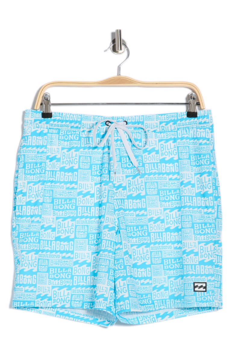 Allover Logo Volley Swim Trunks, Alternate, color, AQUARIUS BLUE