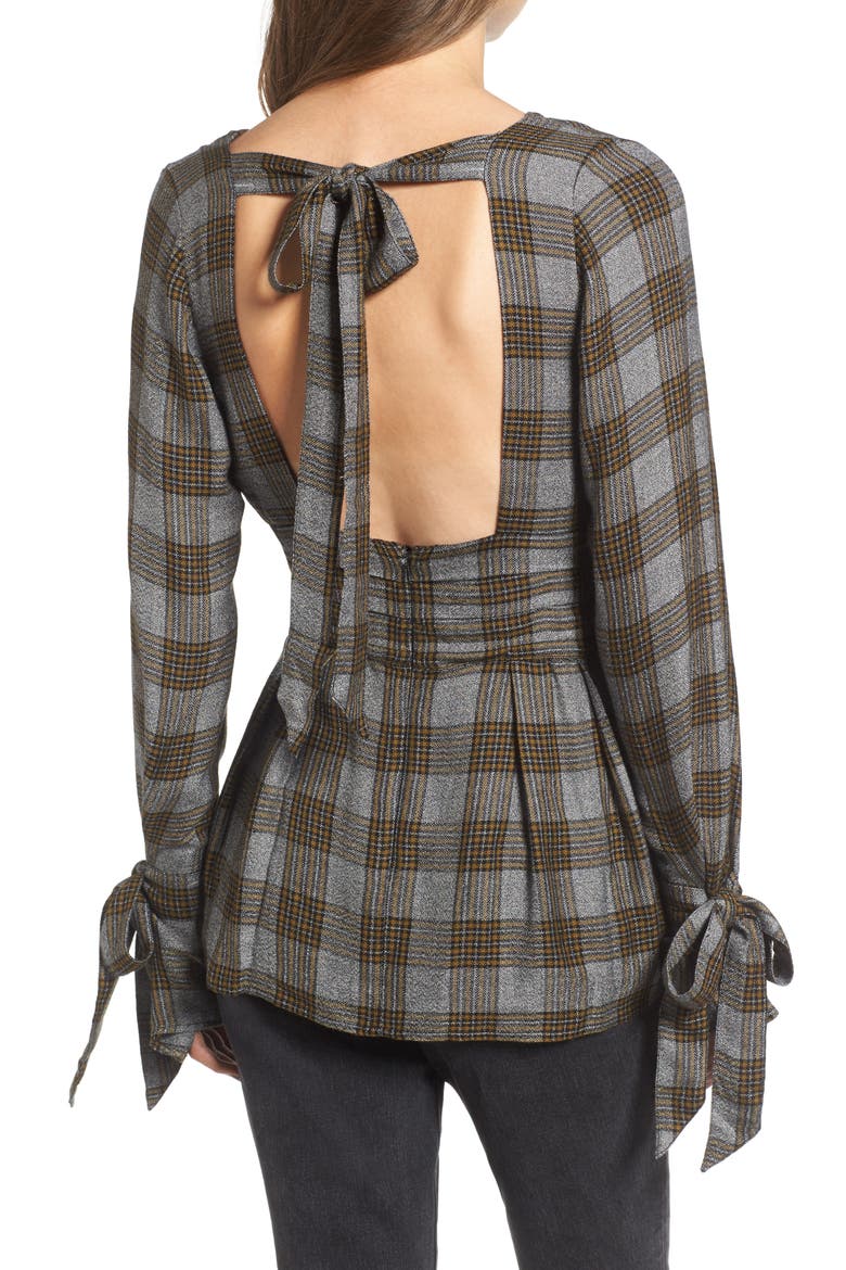x Something Navy Tie Sleeve Top, Alternate, color, OLIVE BREEN CHECK