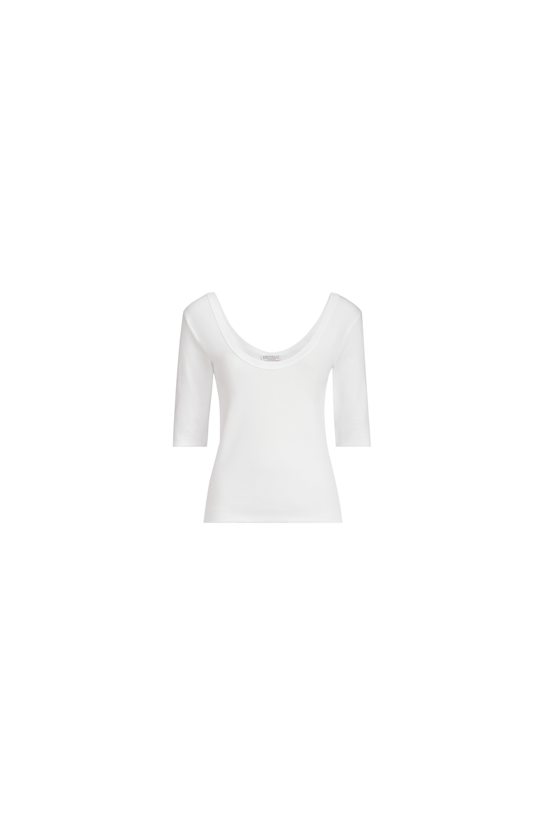 Stretch cotton ribbed jersey T-shirt with monili, Alternate, color, White