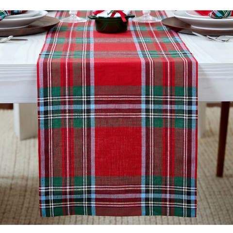 Linen Table Runner for Dining Table, Holiday and Everyday Table Decor - Madras Holiday Plaid