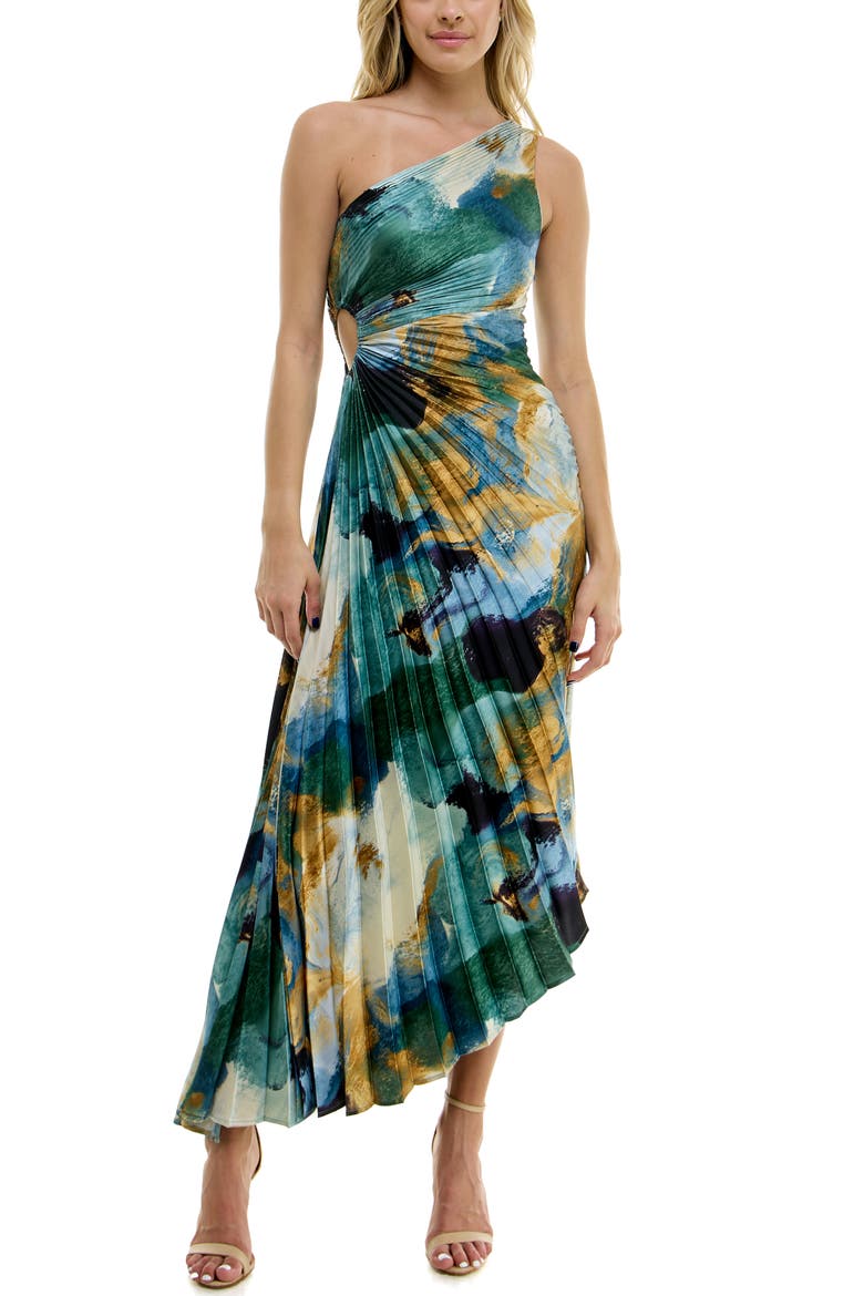 Print Asymmetric Hem Pleated Maxi Dress, Alternate, color, TEAL- BRONZE PRINT
