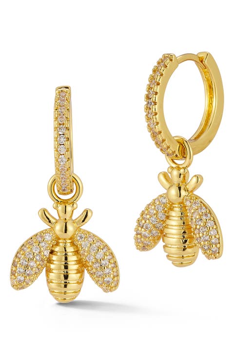 Cubic Zirconia Bee Drop Huggie Hoop Earrings
