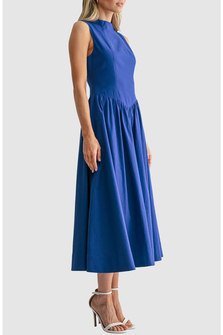 Mock Neck Drop Waist Fit & Flare Midi Dress, Alternate, color, COBALT