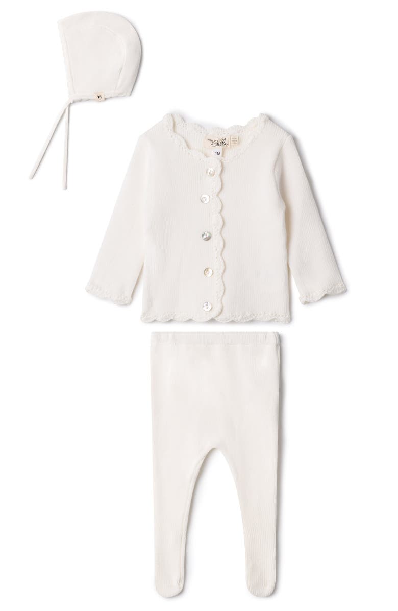 Bebe Bella Boy Crochet Trim 3 Piece Knit Top, Pants and Bonnet Set, Main, color, White