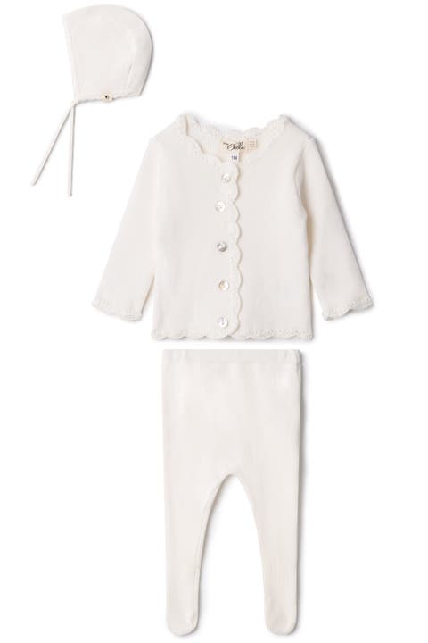 Boy Crochet Trim 3 Piece Knit Top, Pants and Bonnet Set (Baby)