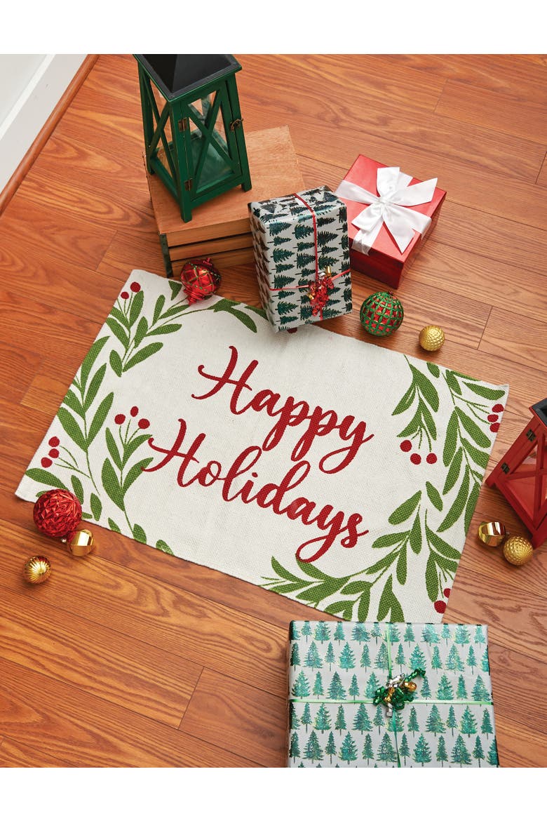 24"x36" Happy Holidays Holly Branches Dhurrie Decorative 2'x3' Christmas Area Indoor Rug Mat, Alternate, color, Beige