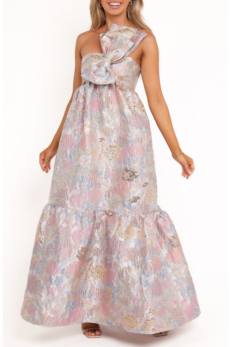 Betina Bow Front Strapless Jacquard Maxi Dress, Main, color, PALE BLUE FLORAL
