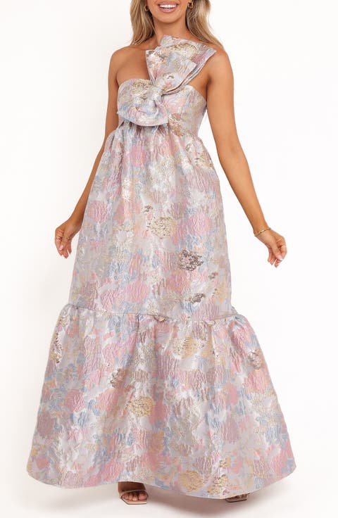 Betina Bow Front Strapless Jacquard Maxi Dress