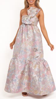 Petal & Pup Betina Bow Front Strapless Jacquard Maxi Dress