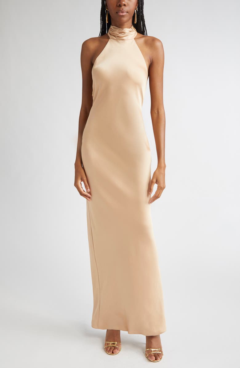 Ramy Brook Tatiana Halter Neck Satin Gown, Main, color, Light Champagne