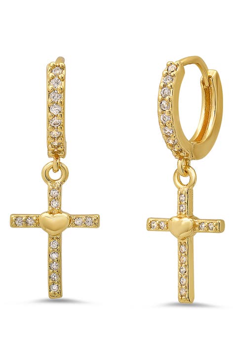 18K Gold Plated Crystal Cross Drop Huggie Hoop Earrings