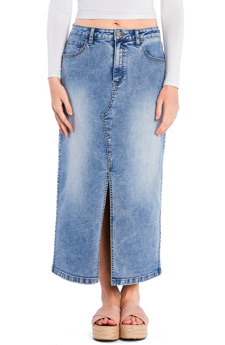 HINT OF BLU Split Hem Denim Midi Skirt, Main, color, Blush Blue
