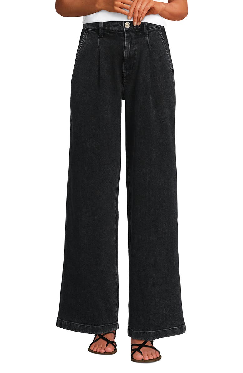 Lands' End High Rise Soft Denim Pleated Wide Leg Trousers, Main, color, Black Wash