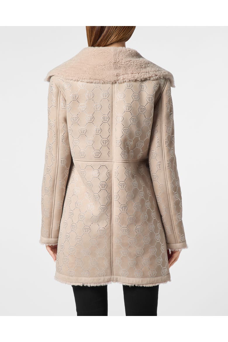 Shearling Oversize Coat Strass Monogram Women, Alternate, color, beige
