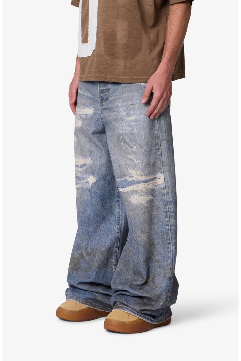 Oil Stain Printed Relaxed Wide Leg Ripped Jeans, Alternate, color, BLUE