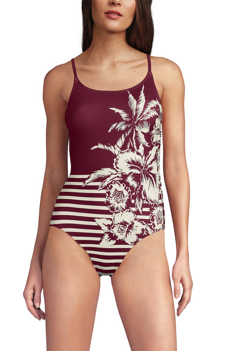 Plus Size Tugless Thin Strap One Piece Swimsuit, Alternate, color, Burgundy Tropic Scenic Stripe