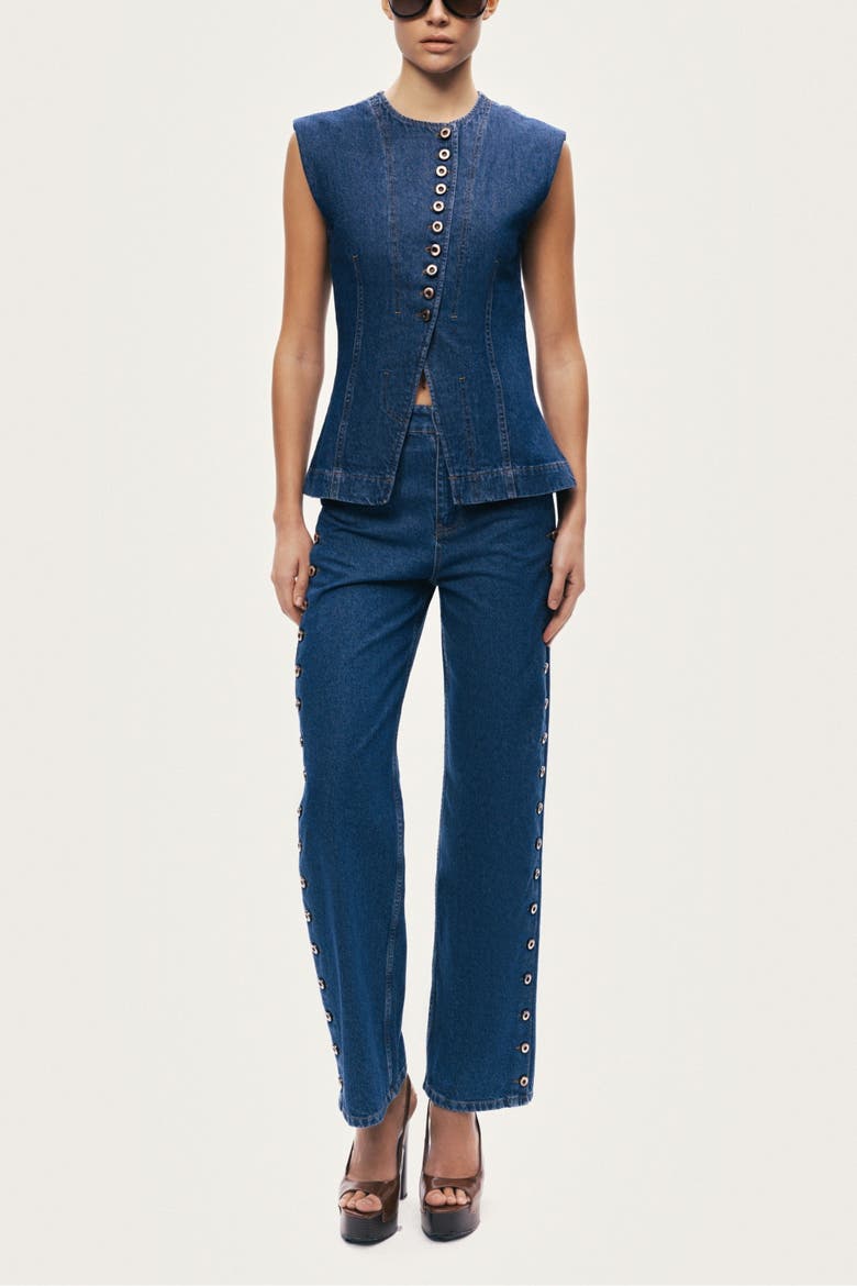 Eyelet Detail Wide-Leg Denim Pants, Alternate, color, Navy Blue