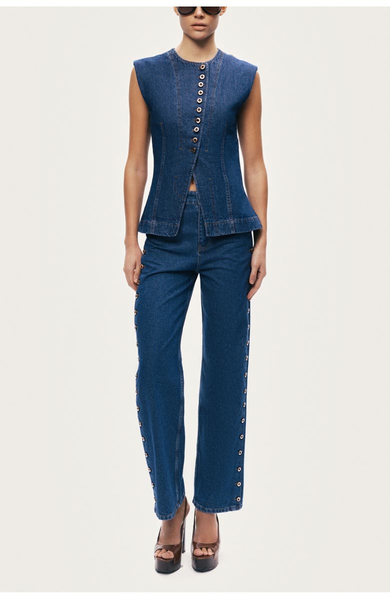 Nocturne Eyelet Detail Wide-Leg Denim Pants, Alternate, color, Navy Blue