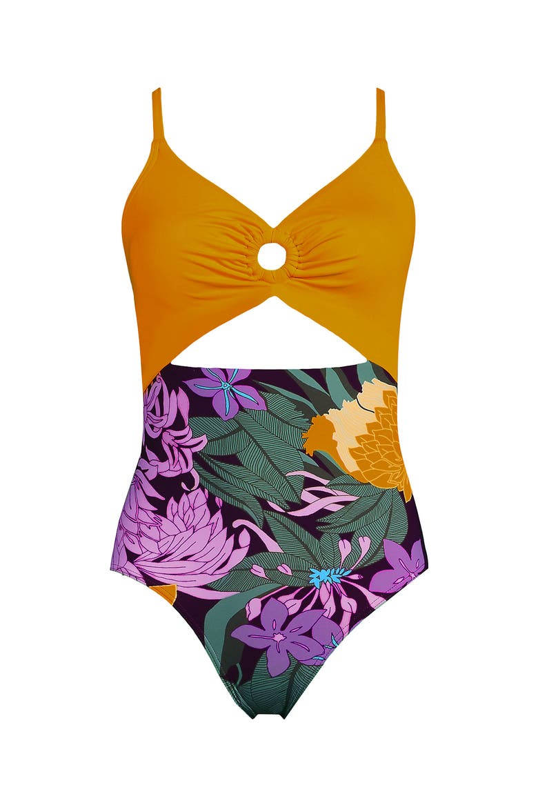 O-Ring Monokini One Piece Swimsuit, Alternate, color, Dark Wine Floral Bloom/Mango