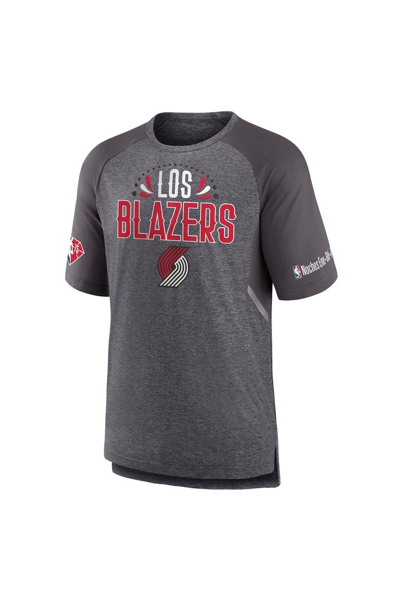 Men's Fanatics Branded Heathered Gray Portland Trail Blazers 2022 Noches Ene-Be-A Core Shooting Raglan T-Shirt, Alternate, color, Heather Gray