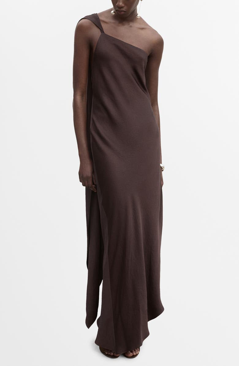 MANGO Asymmetric Satin Dress, Main, color, Brown