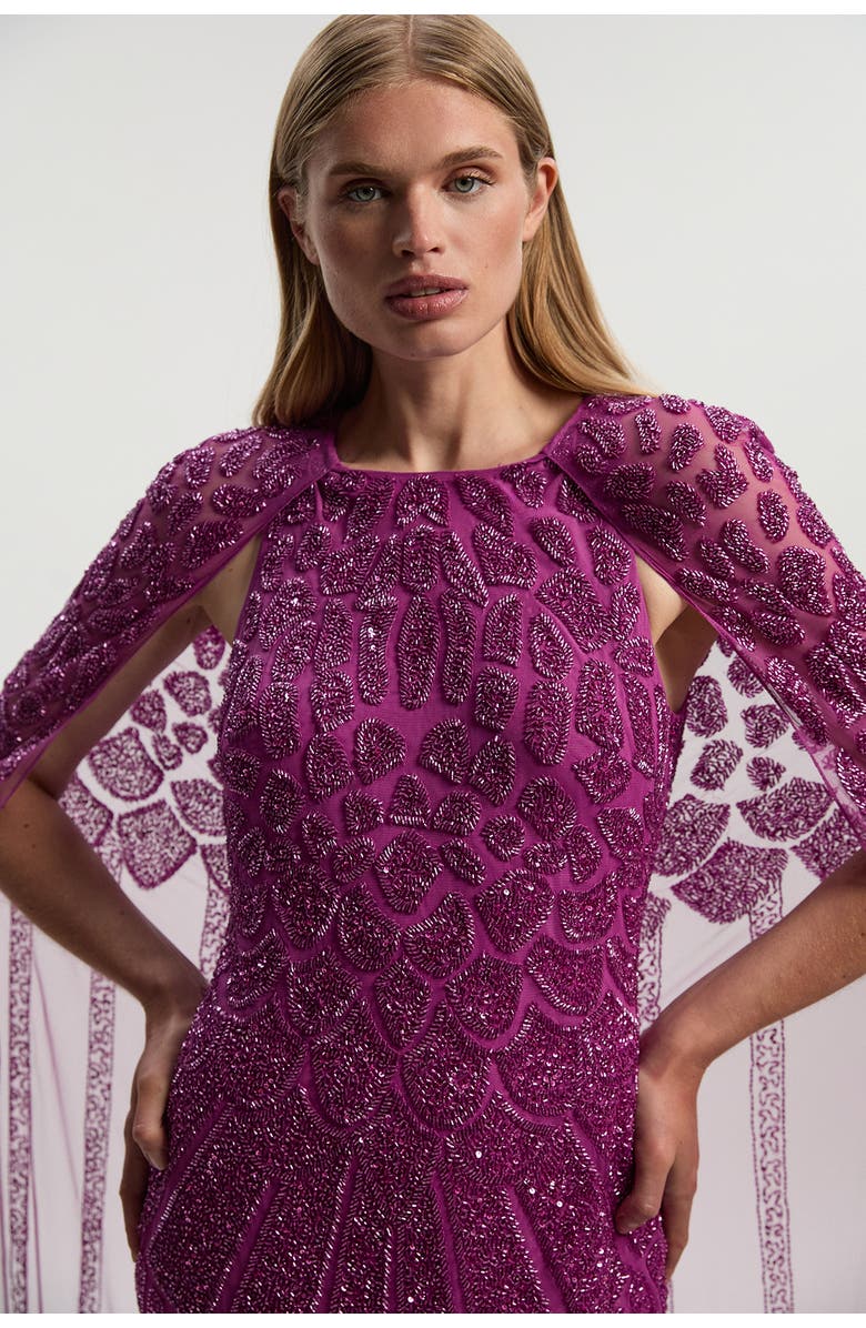 Karen Millen Premium Embellished Caped Maxi Dress, Alternate, color, Purple