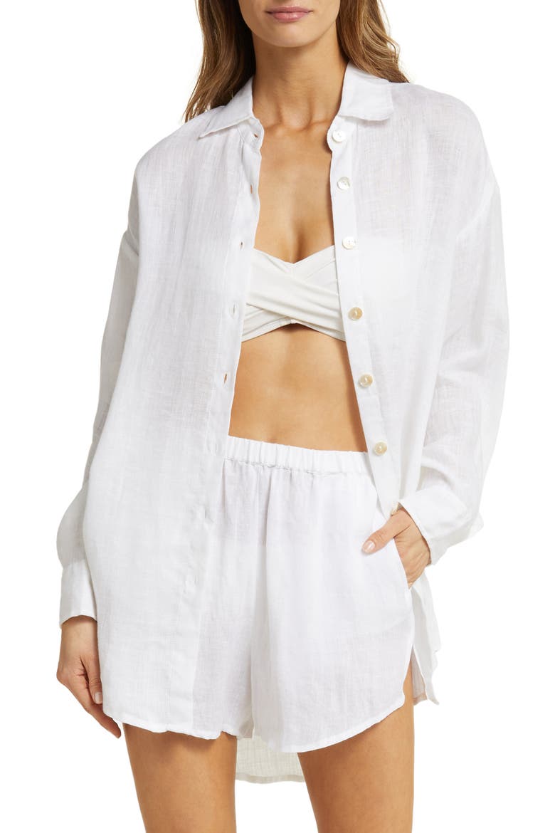 Playa Oversize Linen Cover-Up Shirt, Main, color, WHITE ECO LINEN