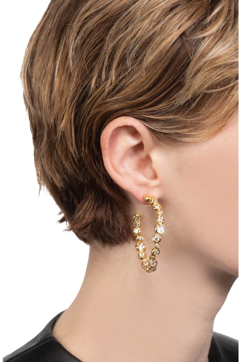 Large Asterales Cubic Zirconia Inside Out Hoop Earrings, Alternate, color, GOLD/ STONES