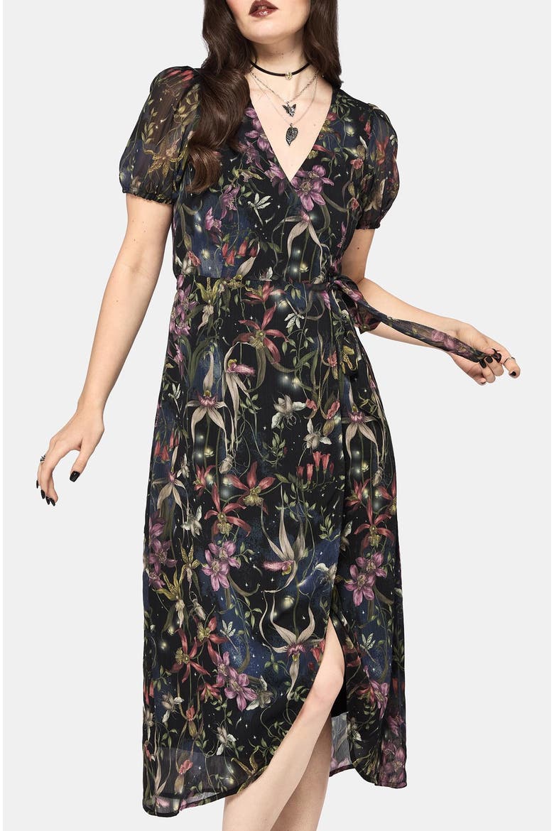 Elide Black Orchid Wrap Midi Dress, Alternate, color, Black
